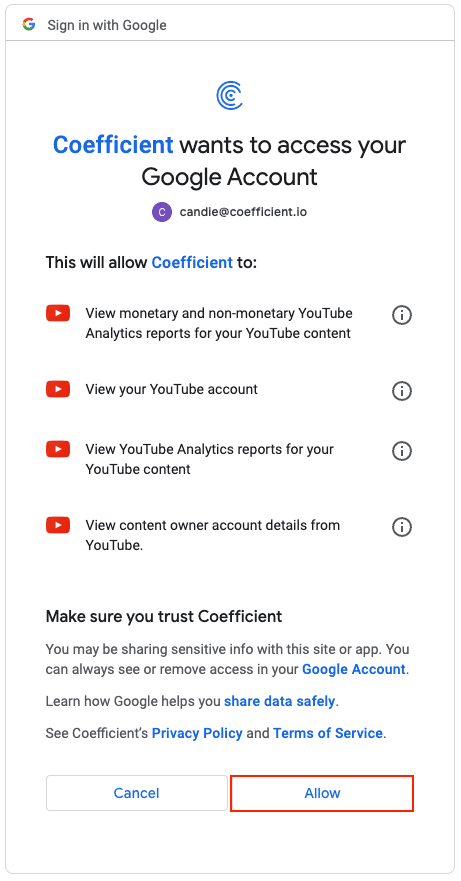Granting Coefficient permission to access Google/YouTube account