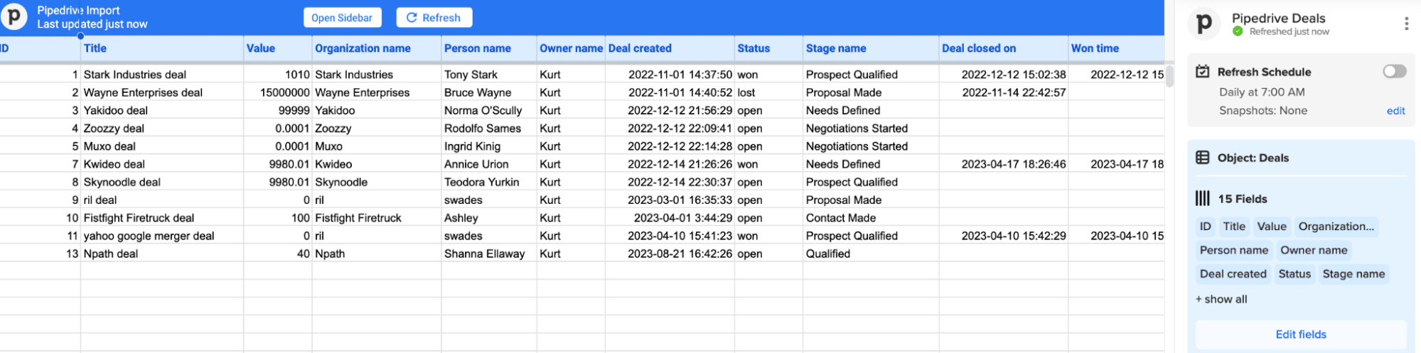  Completing the import of Pipedrive data into an Excel spreadsheet using Coefficient