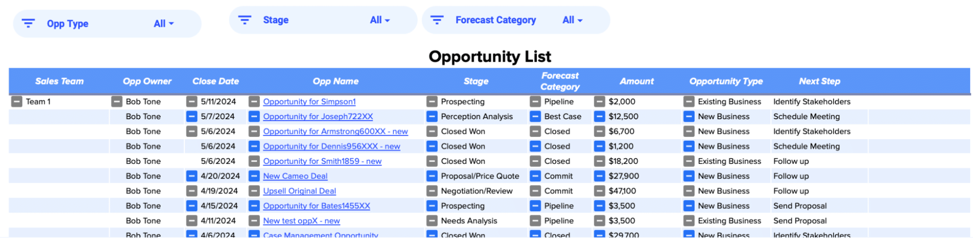 Comprehensive view of sales opportunities detailing stages, amounts, and dates on the dashboard.
