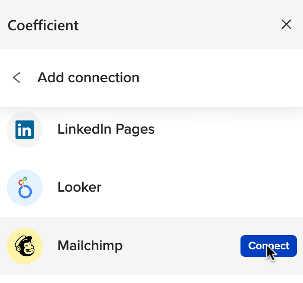 Scrolling to find and selecting "Connect" for the Mailchimp option.