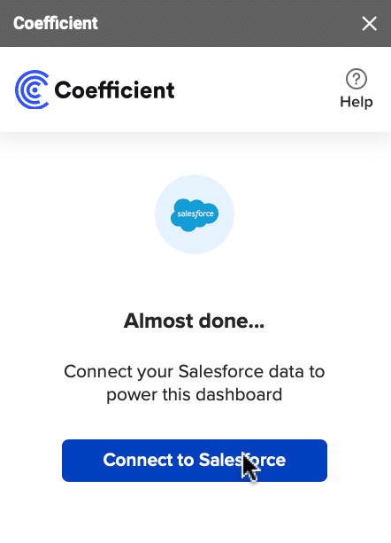 Returning to the spreadsheet and selecting 'Connect to Salesforce' from the Coefficient menu.