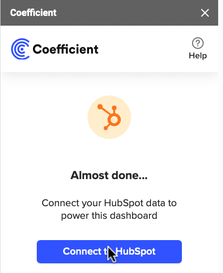 Initiating a connection to HubSpot from the Coefficient menu in Google Sheets.