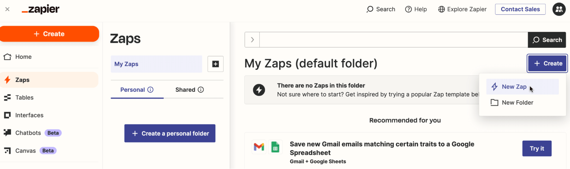 Image showing the initial screen on Zapier with the '+ Create' > 'New Zap' button highlighted.