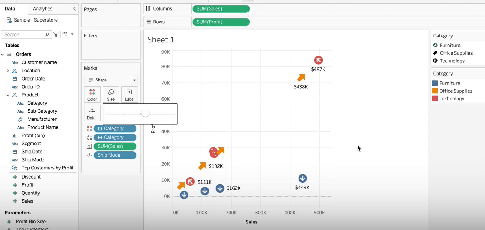 Assigning custom arrow shapes in a scatter plot to highlight trends and directions in Tableau visualization.