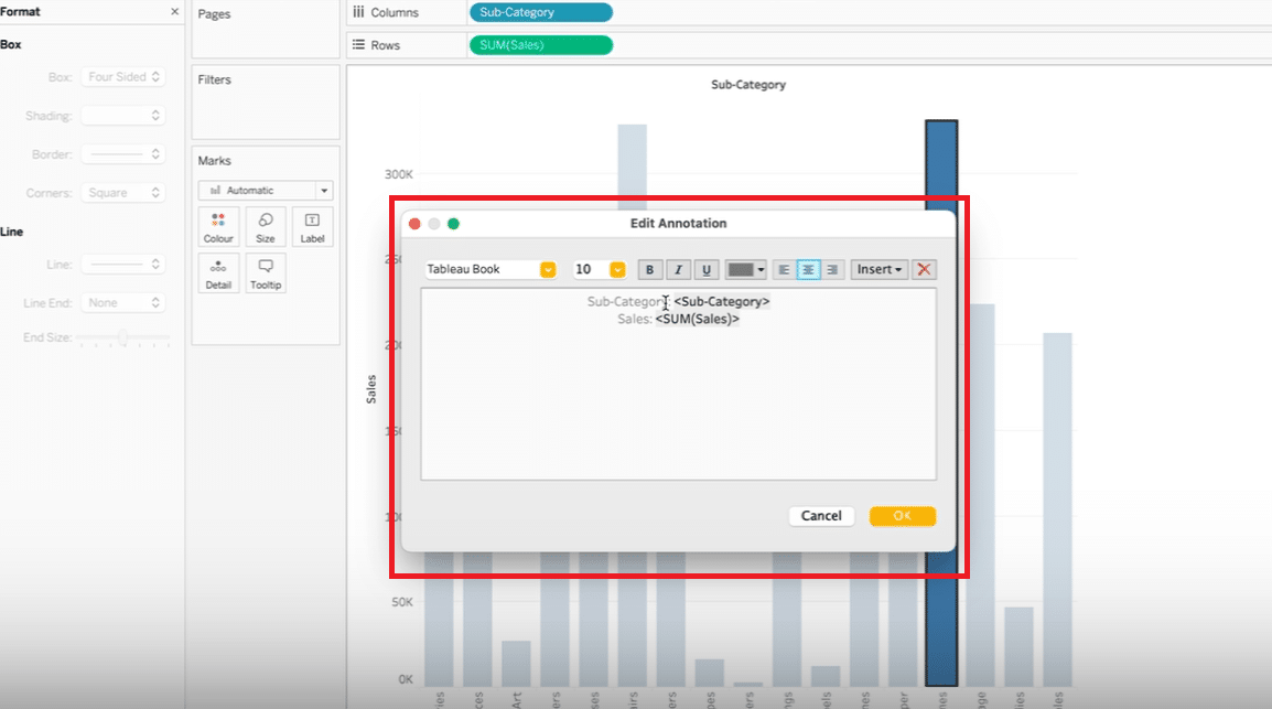 Customizing annotation text in Tableau to provide clear insights, such as detailing sales in a specific subcategory.