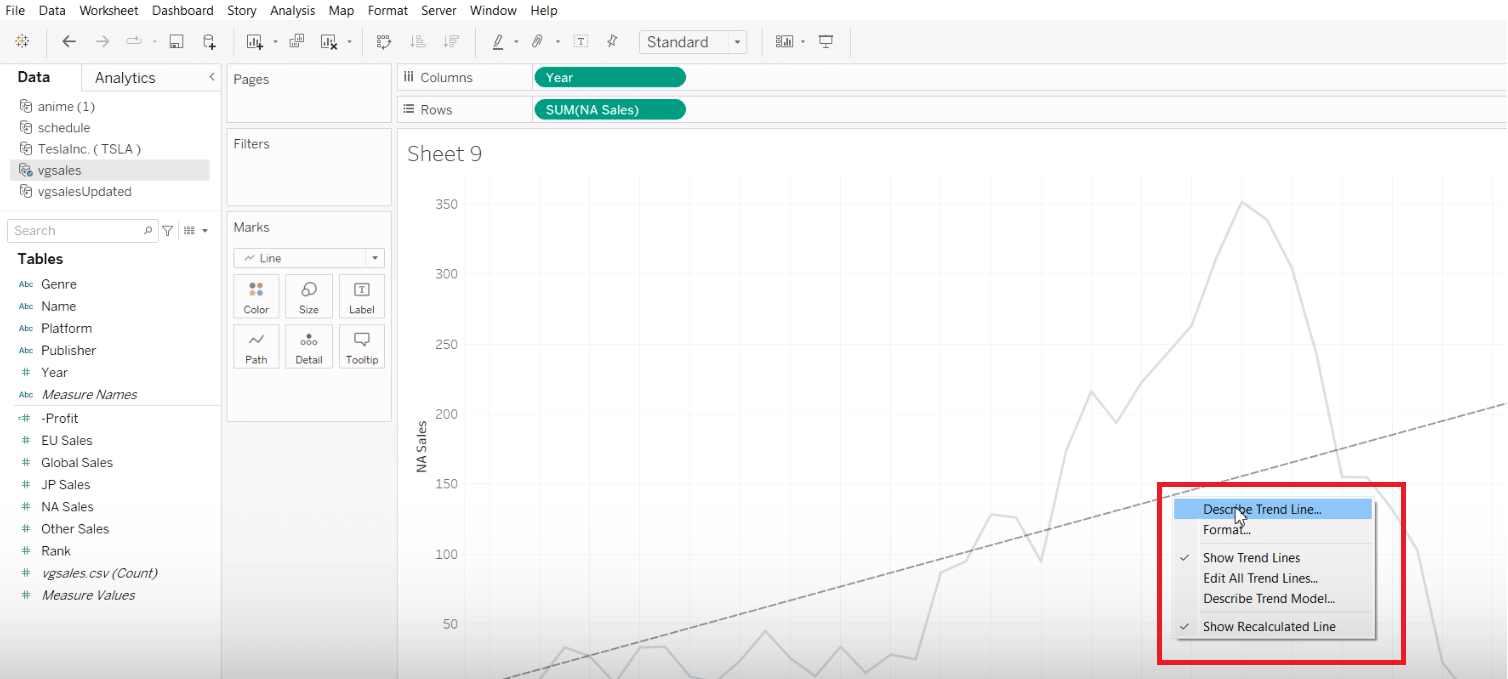 Customizing a trend line's appearance in Tableau via the 'Discover Trend Lines' menu option.