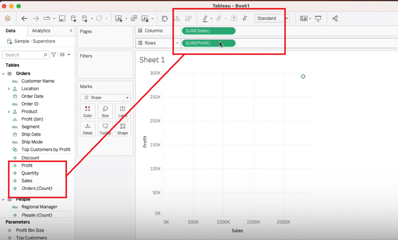 Dragging and dropping 'Sales' and 'Profit' as continuous values into the Tableau workspace for analysis.
