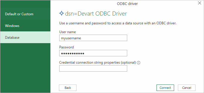 Entering username and password credentials to connect to a database
