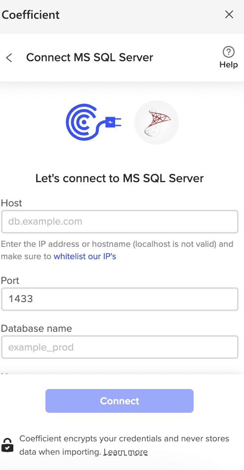 Entering MS SQL Server connection details in Coefficient