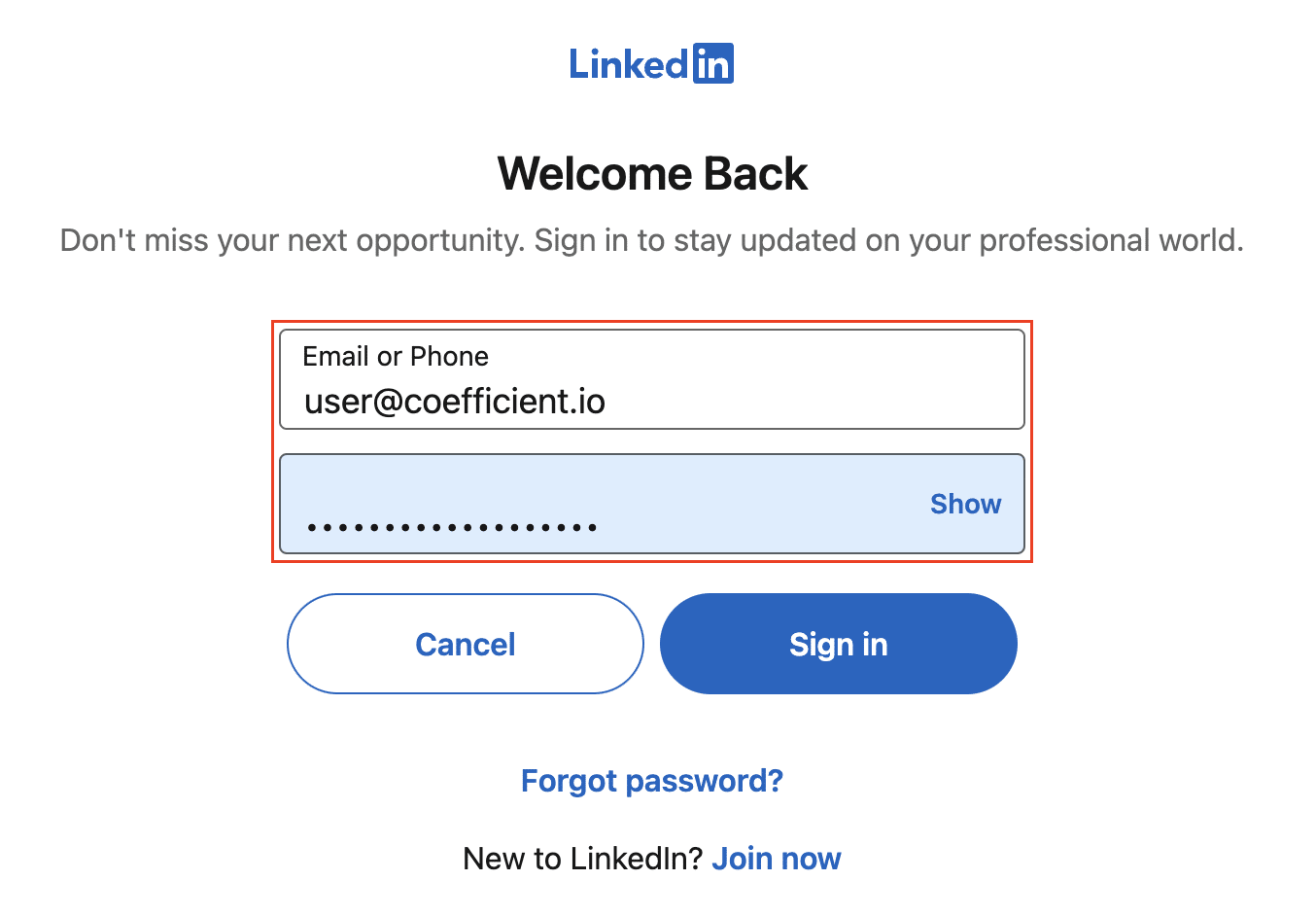 Entering LinkedIn credentials in Coefficient for authentication