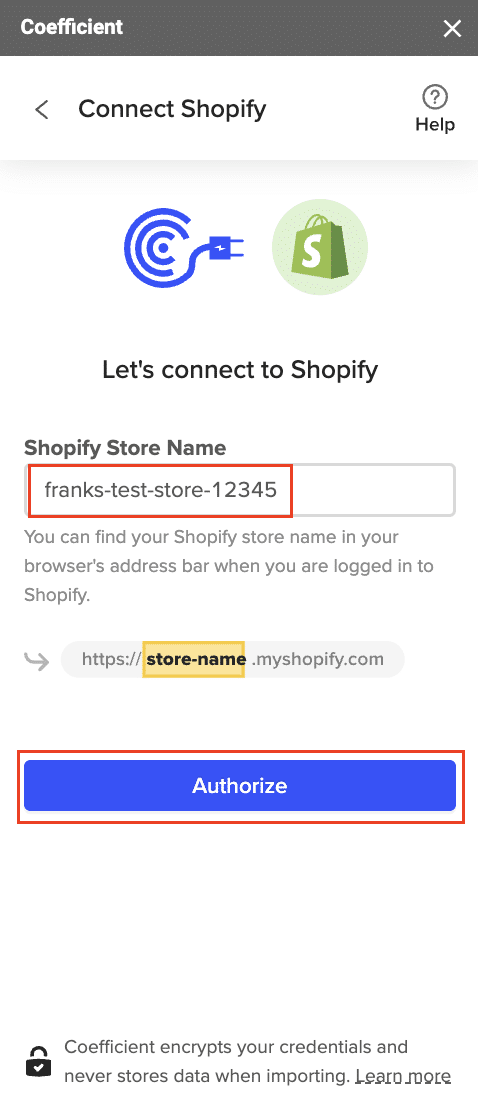 Entering Shopify Store Name for Coefficient authorization
