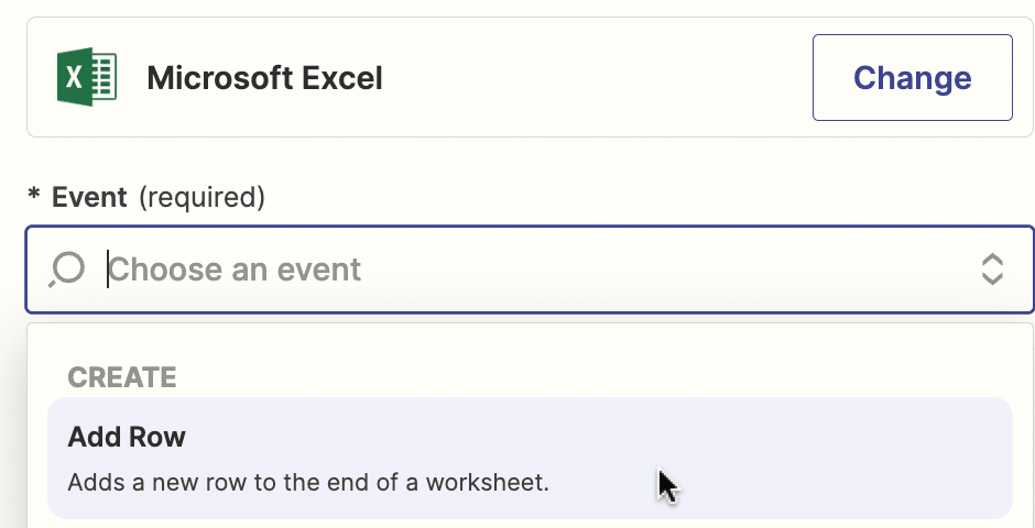 Setting 'Create Spreadsheet Row' as the desired action event in Zapier’s workflow.