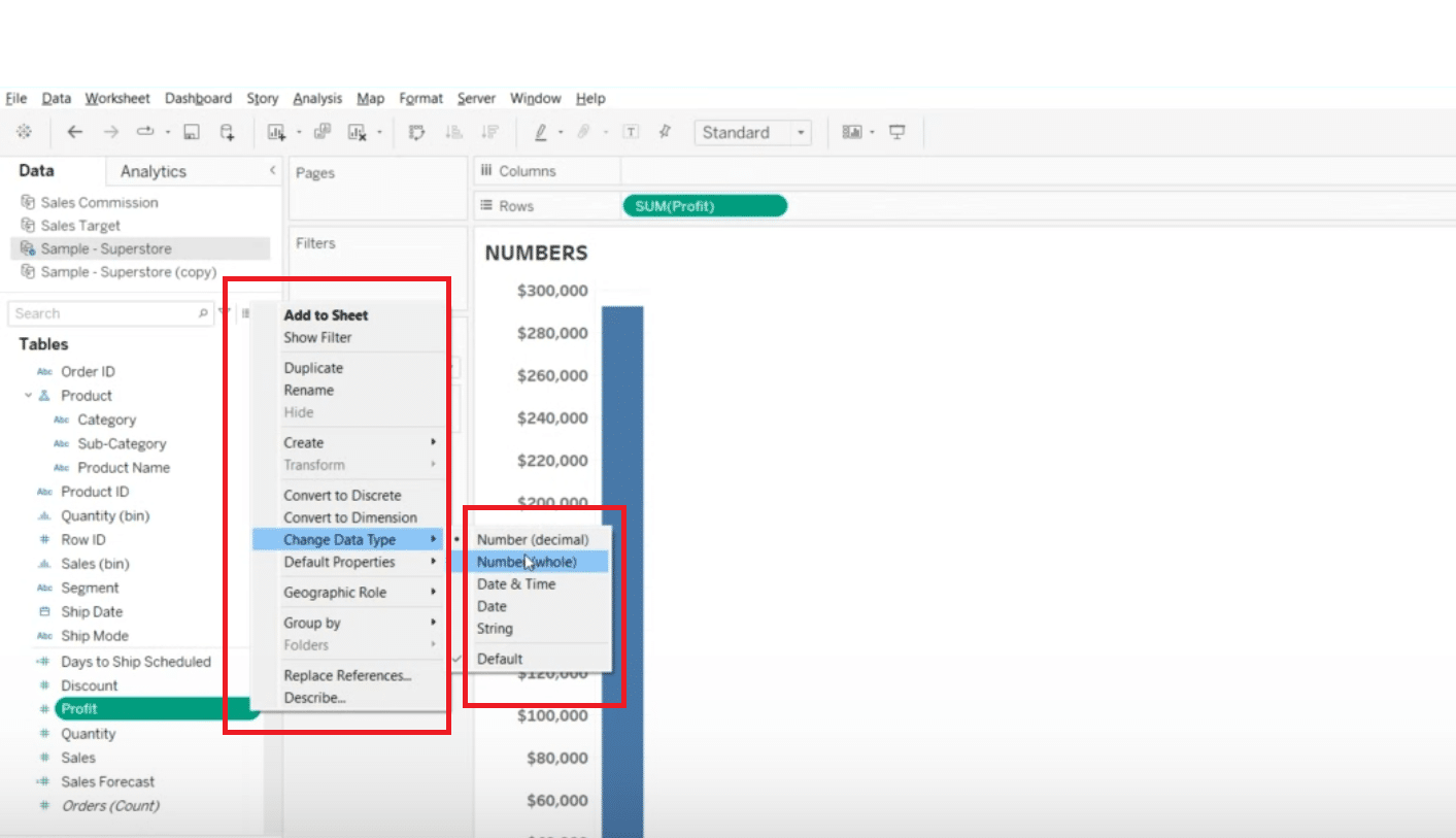 Exploring numeric data type options, including decimal and whole numbers, in Tableau for data precision.