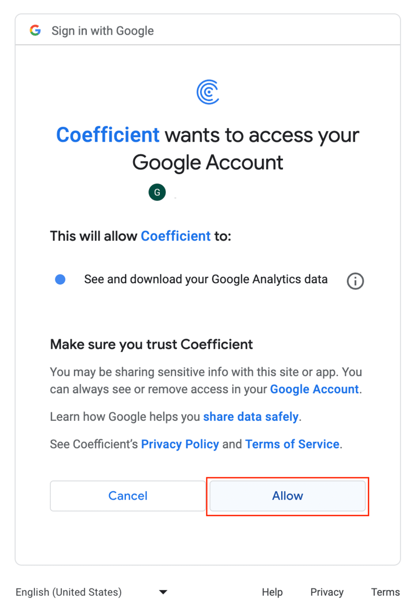 Visual of the 'Allow' button clicked to finalize the Coefficient authorization with Google Ads.