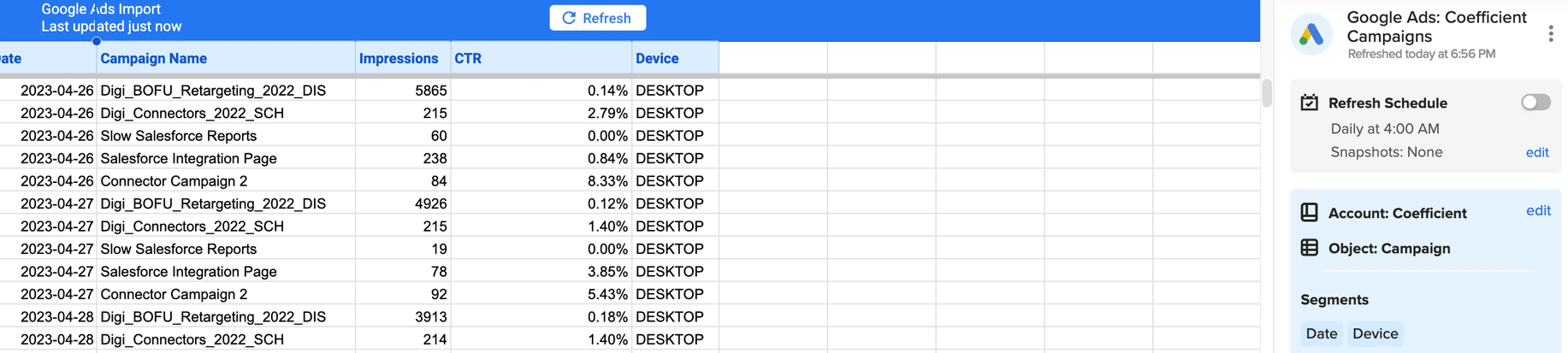 Screenshot of the final 'Import' step to import Google Ads data to Excel using Coefficient, with 'Refresh Preview' option used.
