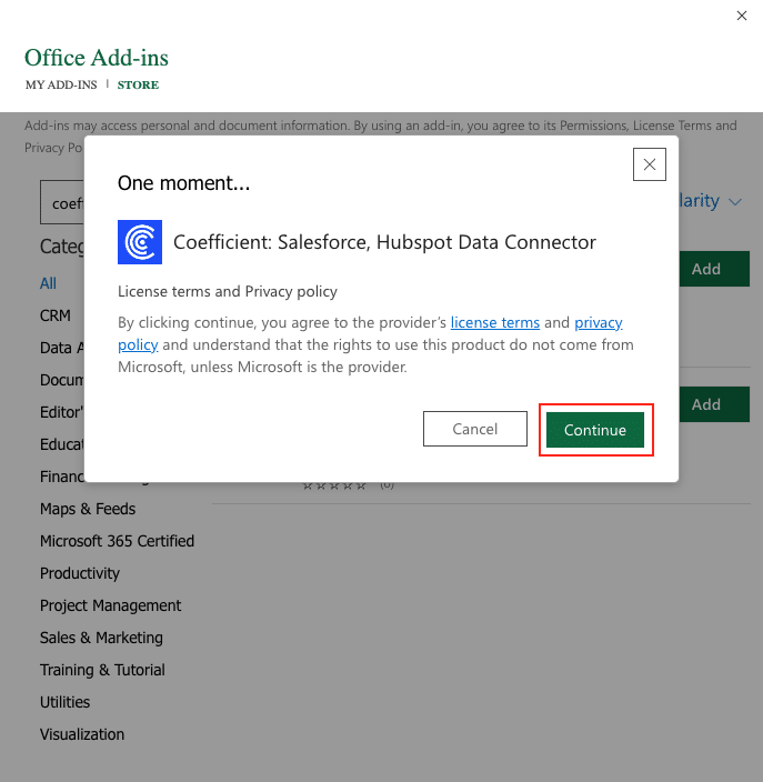 Following installation prompts in a pop-up window for Coefficient in Excel.