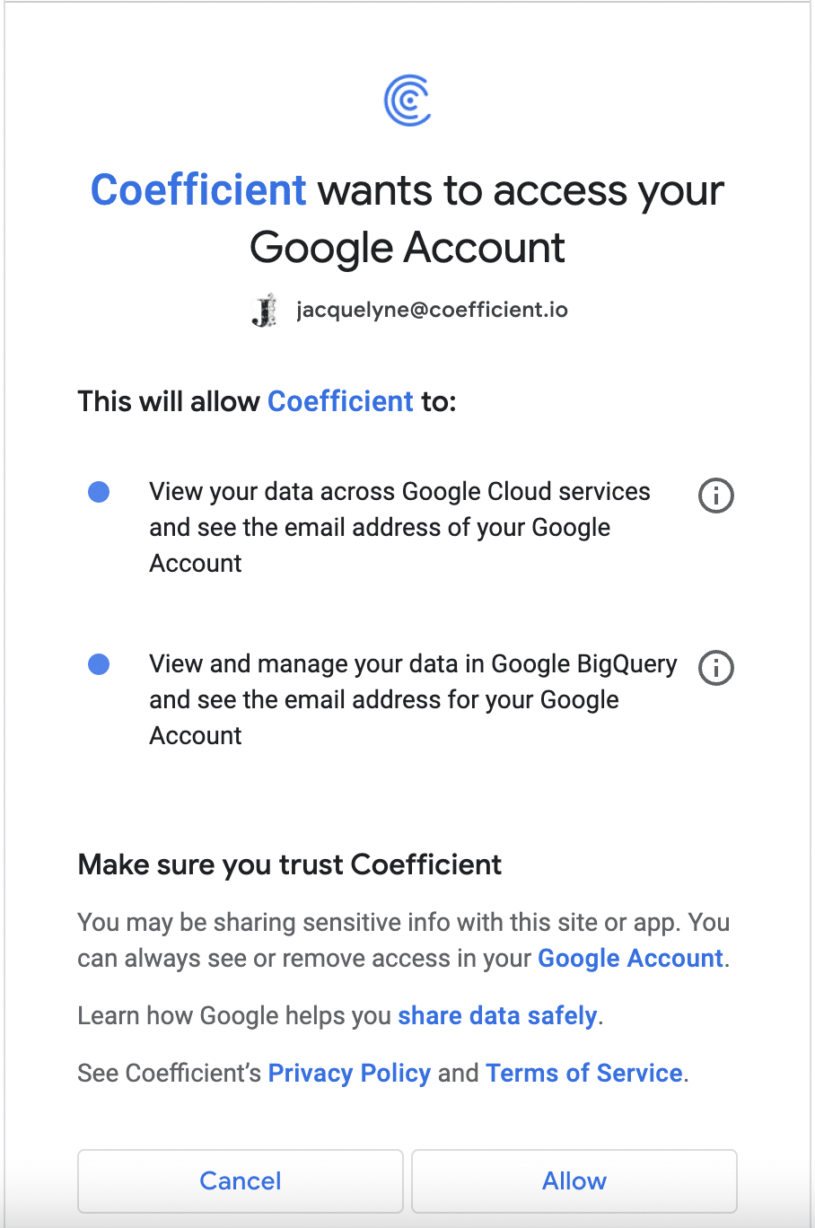 Following steps to authorize Coefficient’s access to BigQuery data