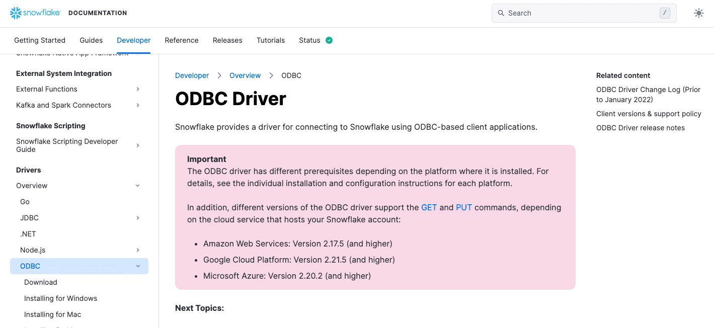 downloading the Snowflake ODBC driver for Excel.