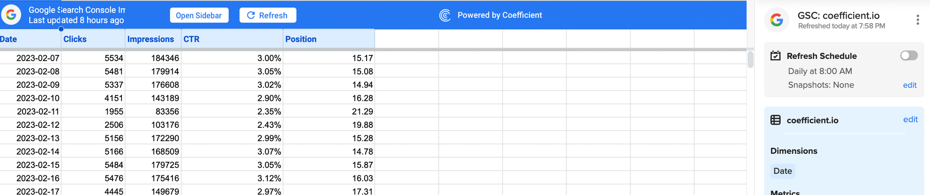 google search console data automatically populated in a spreadsheet
