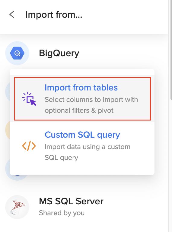 Selecting Import from Tables option in Coefficient for BigQuery data