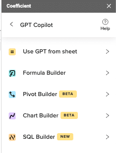 Initiating Coefficient's GPT Copilot and Chart Builder in Google Sheets for data visualization.