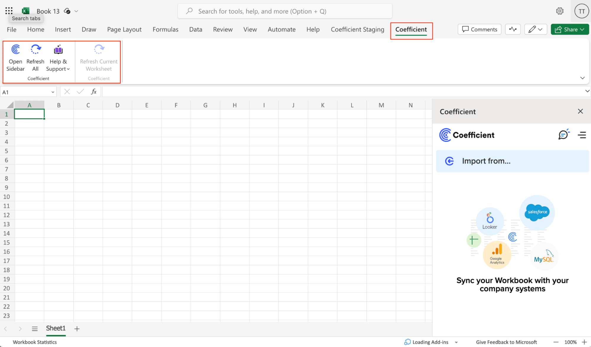 Initiating the Coefficient sidebar in Excel for advanced data import options