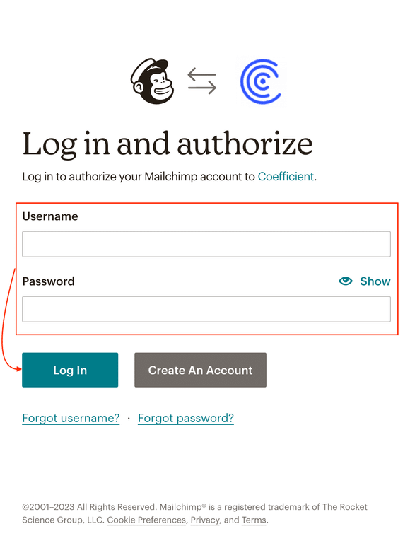 Entering username and password on Mailchimp login page for Coefficient access.