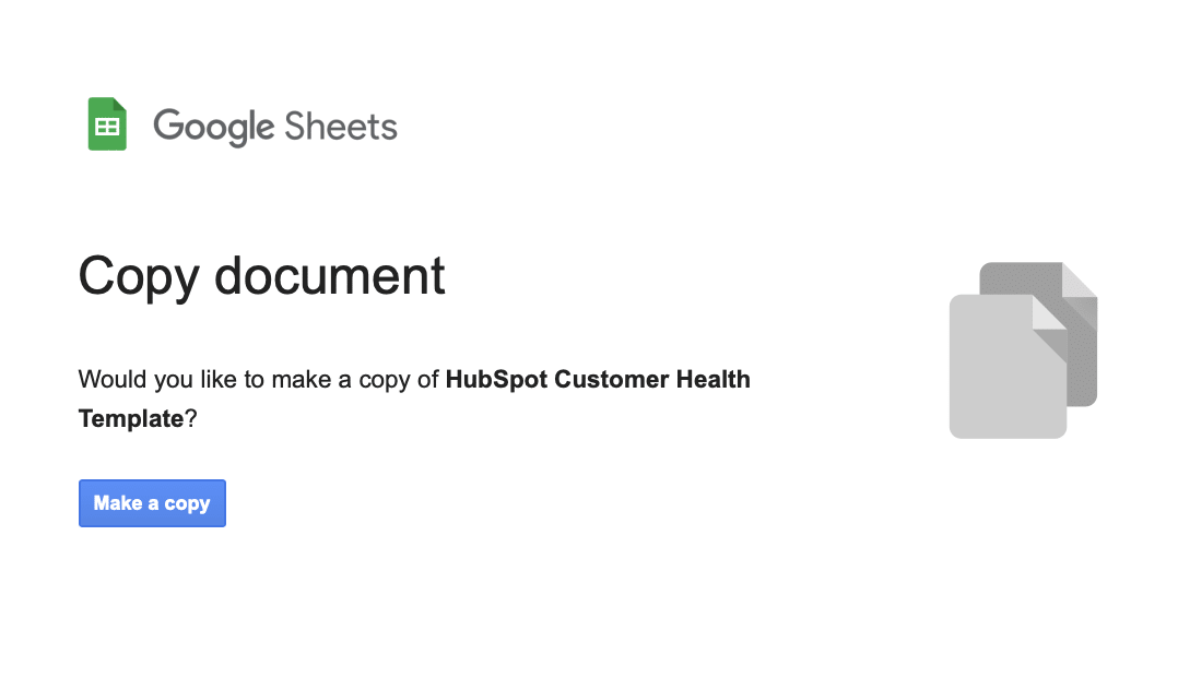 Following prompts to make a copy of the Customer Health Template for HubSpot.