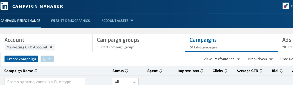 Navigating through LinkedIn Ads' campaign groups, campaigns, or ads tabs.