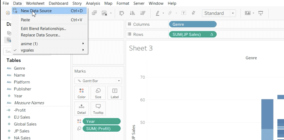 Steps to navigate the top menu in Tableau and click 'Data' > 'New Data Source' for updating data connected.