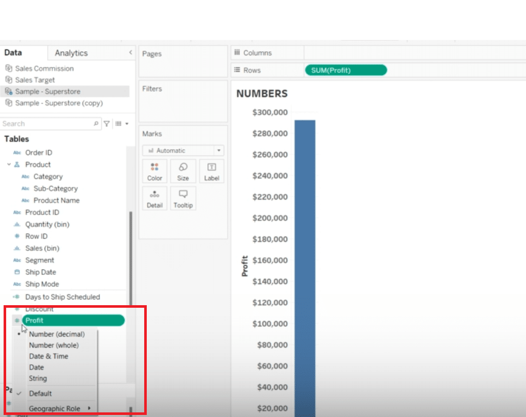 Quickly adjusting the data type of the 'Profit' field in Tableau by clicking the data type symbol.