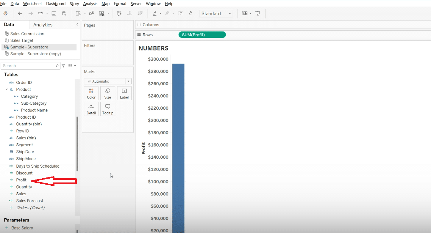 Viewing automatic aggregation in the 'Profit' field in Tableau, showcasing its numeric data nature.