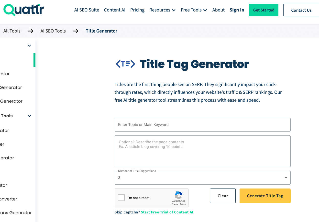 Quattr AI tool for generating optimized titles & meta descriptions
