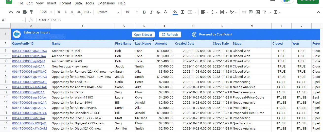 Using 'Refresh' feature in 'Salesforce Import' tab to update data in Coefficient.