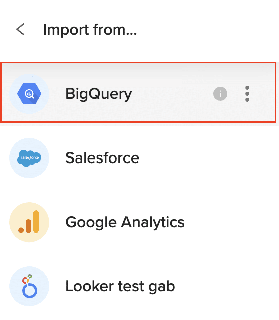 Scrolling and selecting BigQuery from the dropdown menu in Coefficient