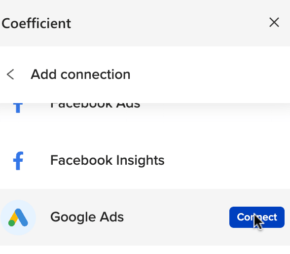Screenshot of scrolling through the Coefficient 'Import from…' menu to find and select Google Ads for connection.
