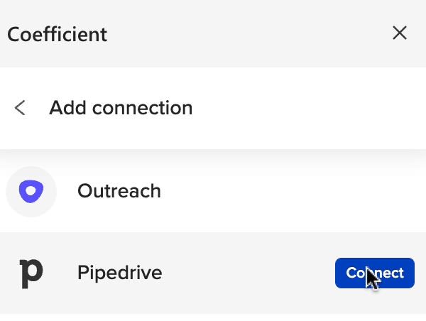 Selecting the Import from option to connect Pipedrive in Coefficient