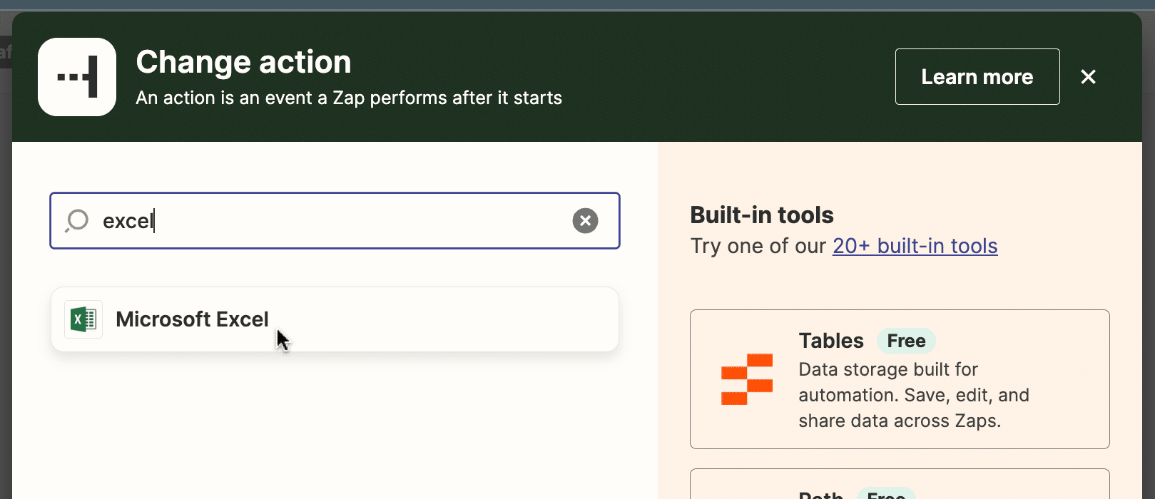 Selecting Microsoft Excel Online as the action app in Zapier