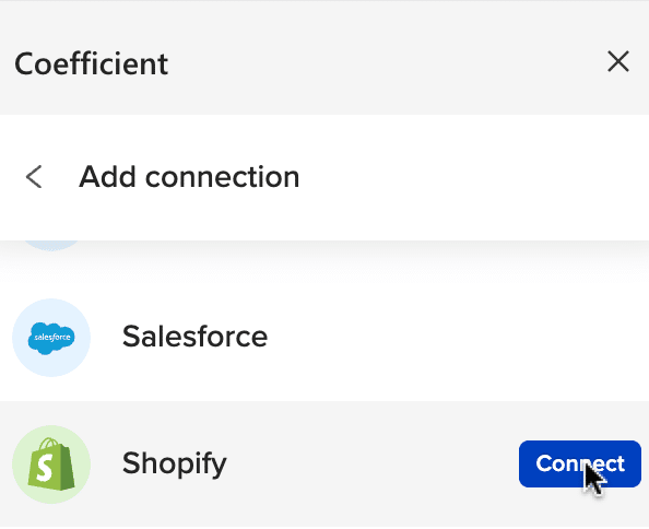 Scrolling to Select Shopify and clicking ‘Connect’ in Coefficient