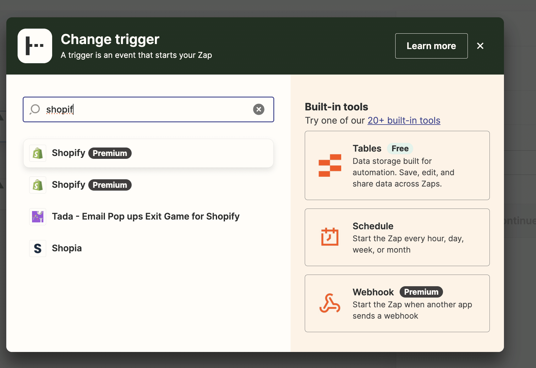 Selecting Shopify as the trigger app on Zapier
