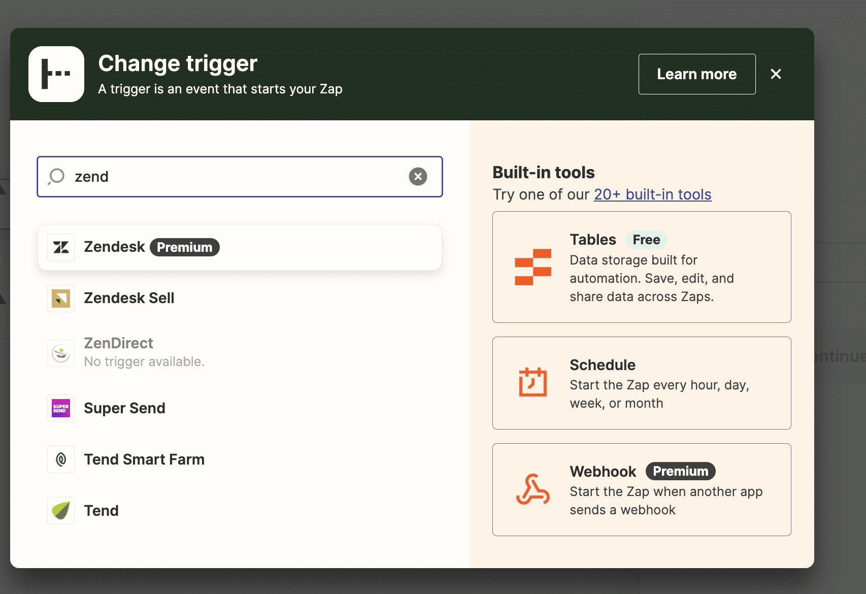 Selecting Zendesk as the trigger app for a new workflow in Zapier.