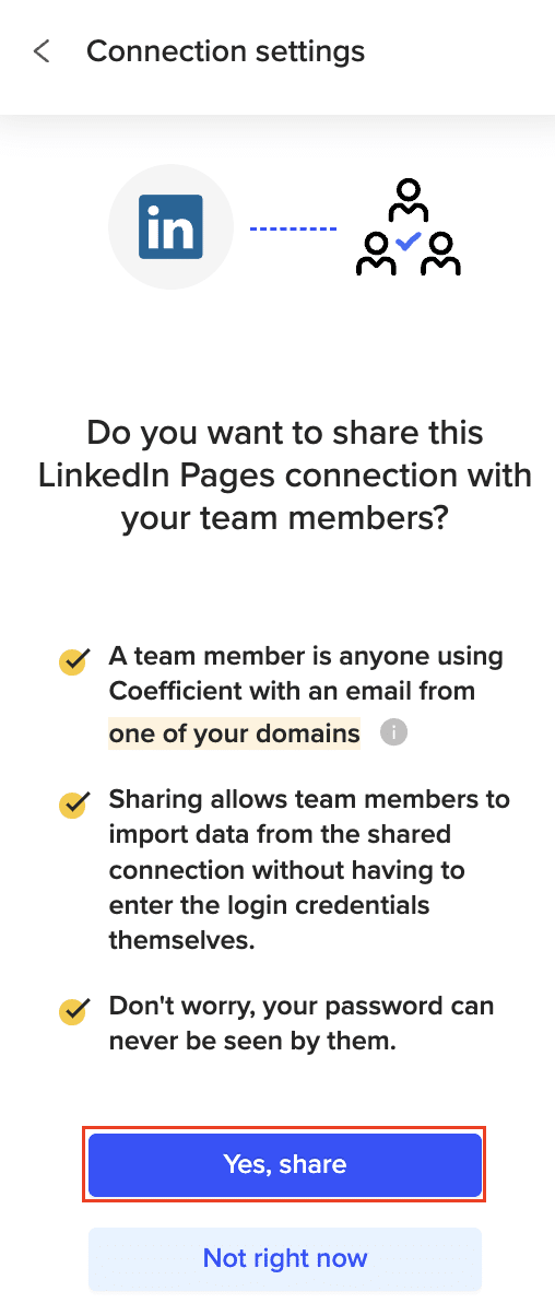 Choosing to share LinkedIn connection with team members in Coefficient