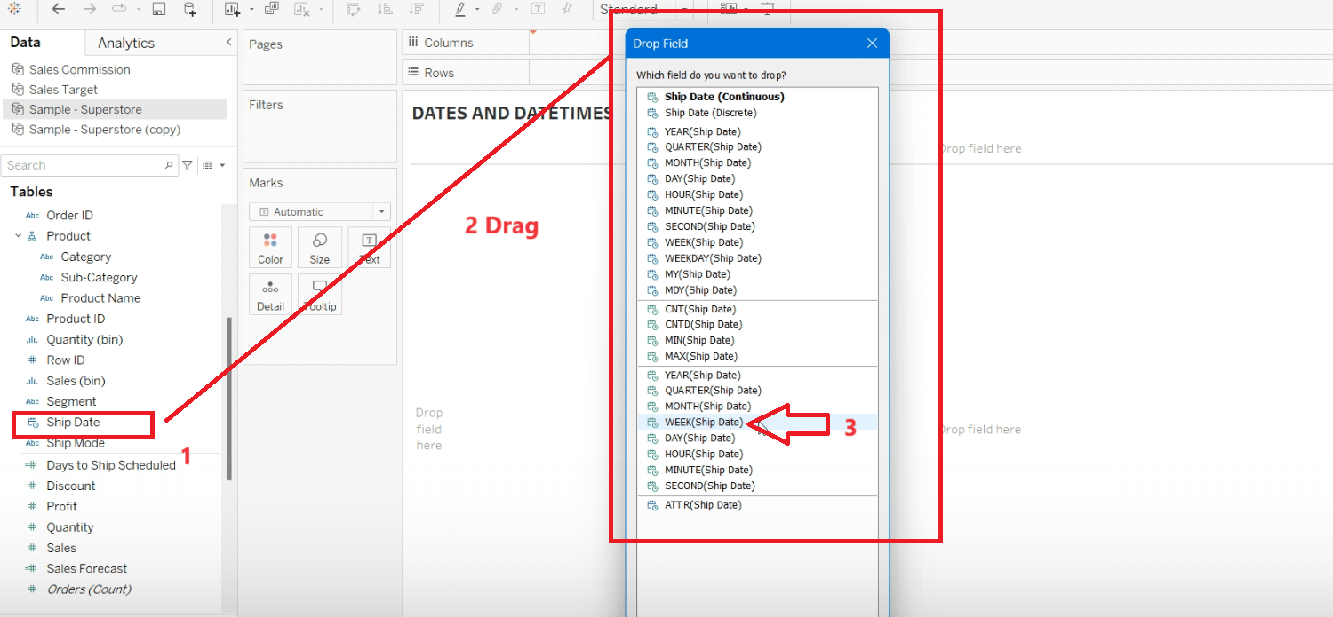 Dragging 'Shipping Date' to columns, selecting 'Week' for continuous analysis, and adding product dimension in Tableau.