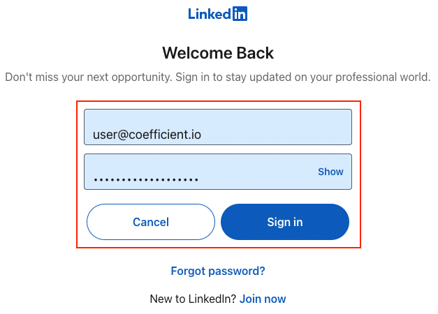 Signing in to authorize Coefficient using LinkedIn Ads account credentials.