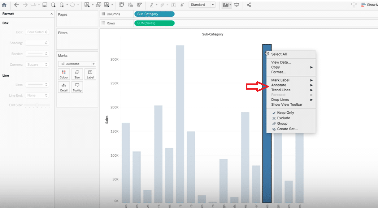  Initiating annotation in Tableau by selecting and right-clicking a data point to highlight and explain key insights.
