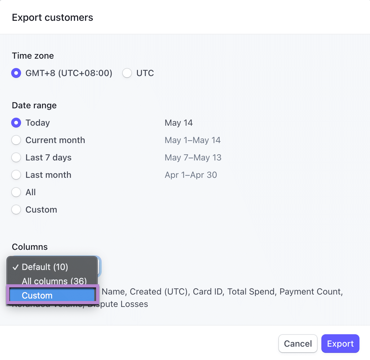  Starting the export process from the Stripe Customers page