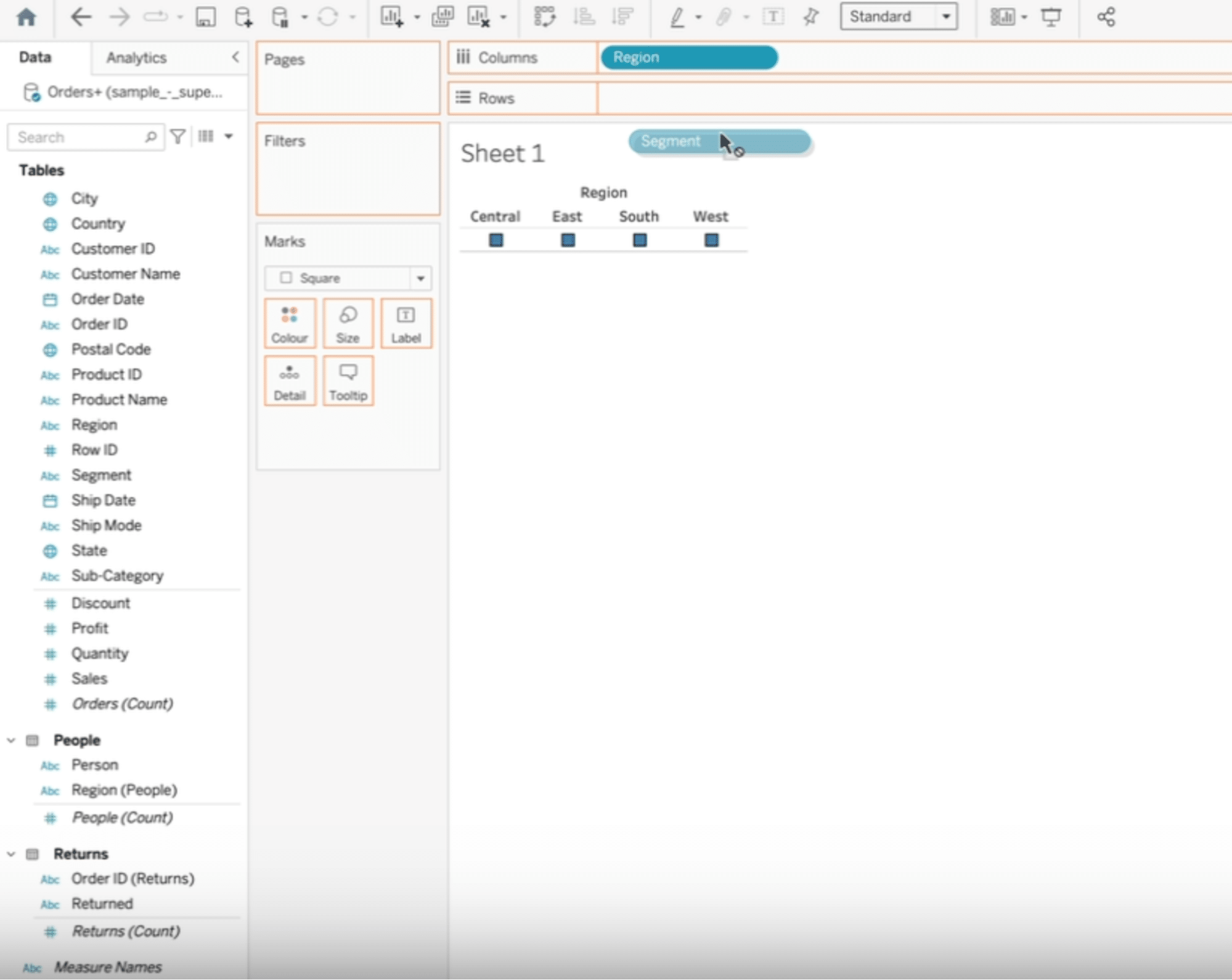 Step-by-step visualization of dragging 'Segment' into the row section in Tableau for heat map creation.