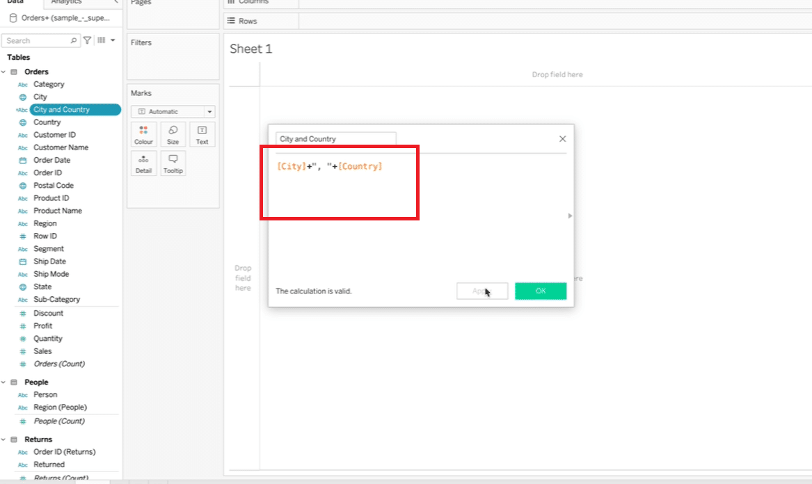 Naming the calculated field for city and country concatenation in Tableau.