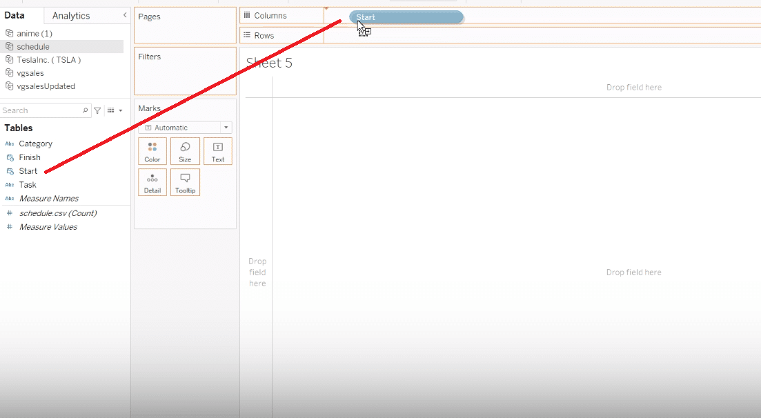 Setting up the start date in the columns section for a Gantt chart in Tableau.