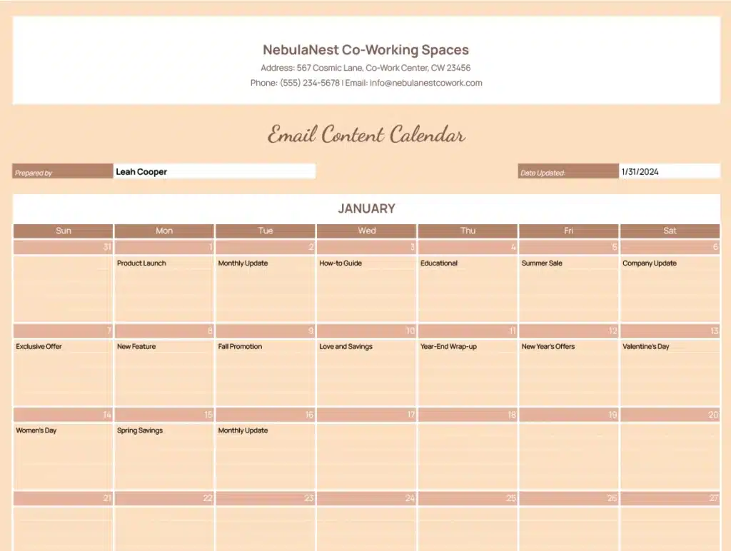 Email Content Calendar template